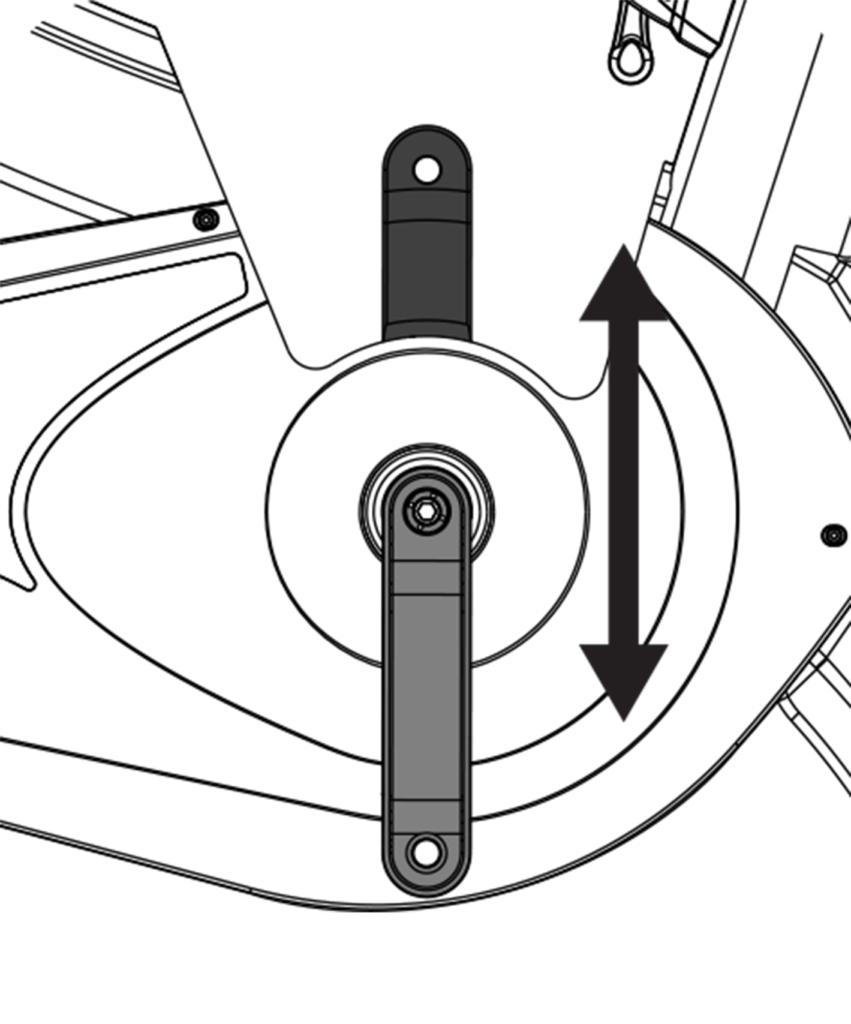 Nahaufnahme der Kurbeln in vertikaler Position mit Hoch-/Runter-Pfeilen daneben.