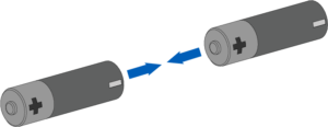 Batteries with positive signs on the left and negative signs on the right moving toward each other.