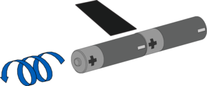 A black piece of tape lines up with the junction of the two batteries and a blue spiral arrow.