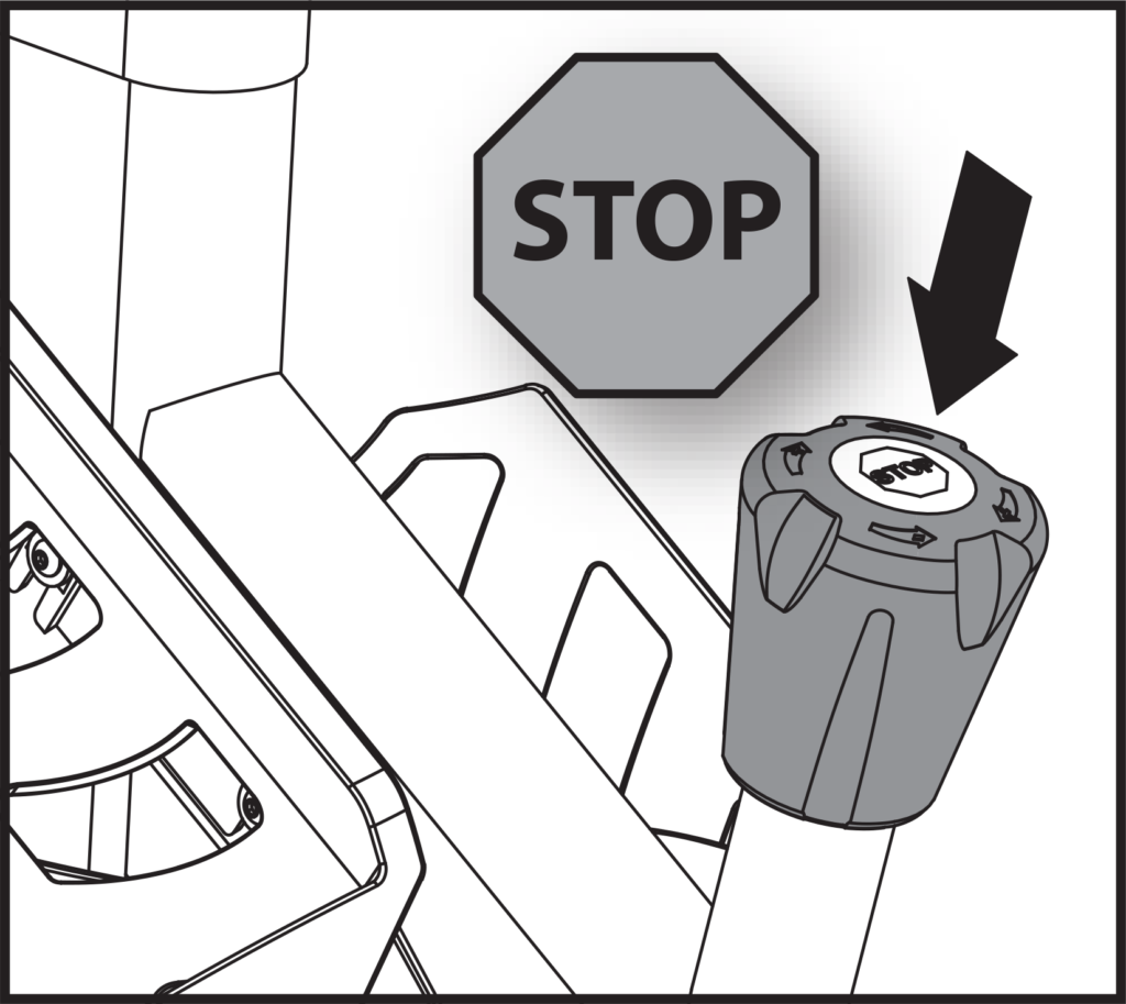Close up of resistance knob/emergency brake, an arrow above it points down, with the enlarged STOP symbol left of it.