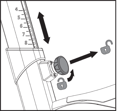 Adjustment knob moves counterclockwise, out to unlock and adjust the post.
