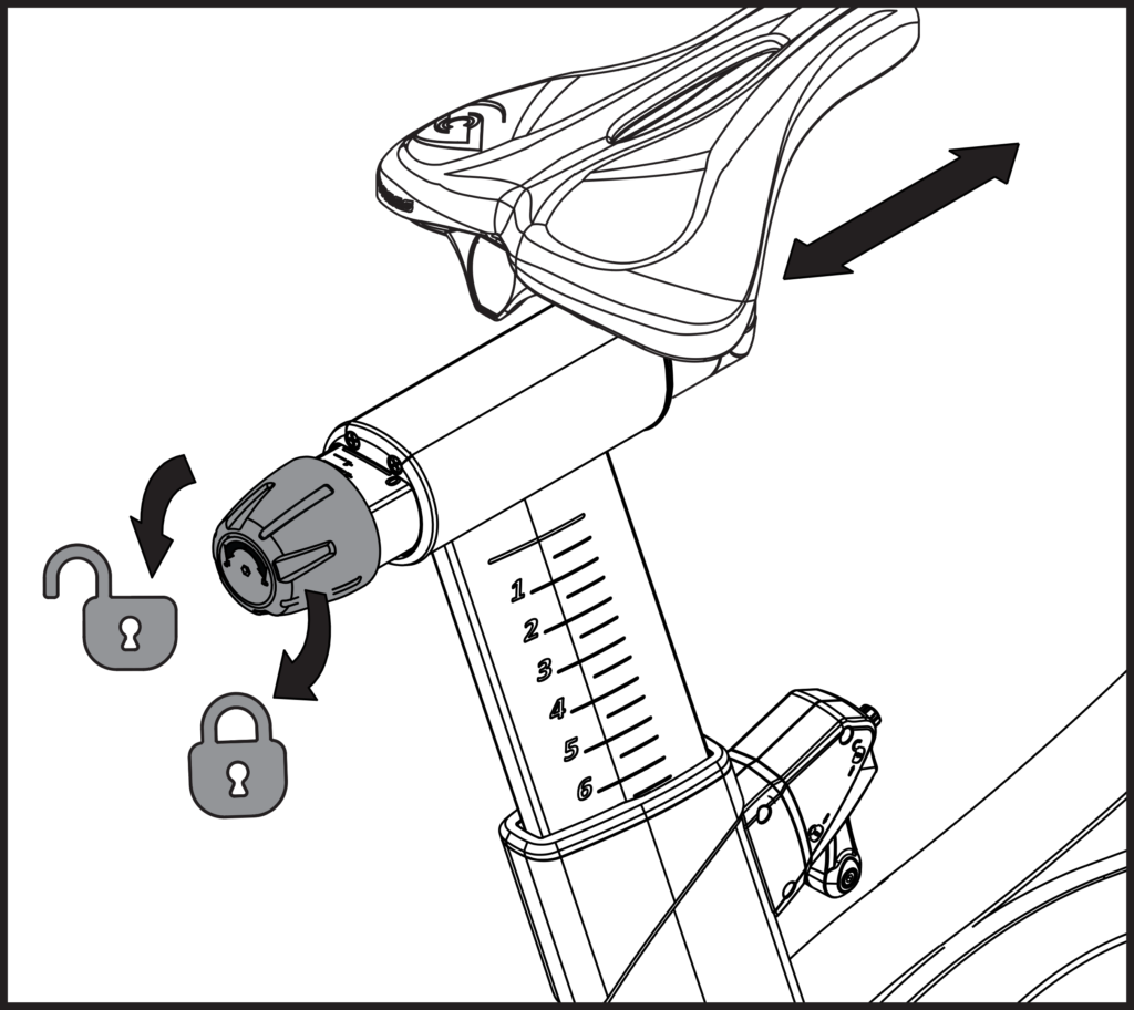 Close up of saddle and fore/aft adjustment, a bidirectional arrow below the saddle and two arrows pointing clockwise and counterclockwise around the knob.