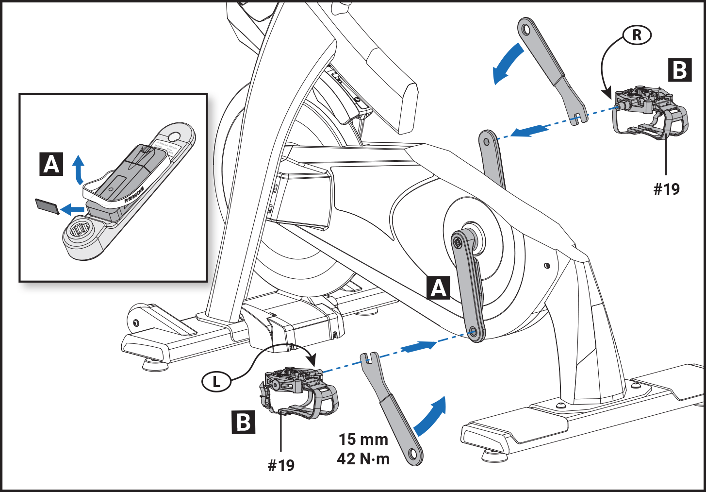 Remove the plastic band from the power meter (A) and install the pedals (B)