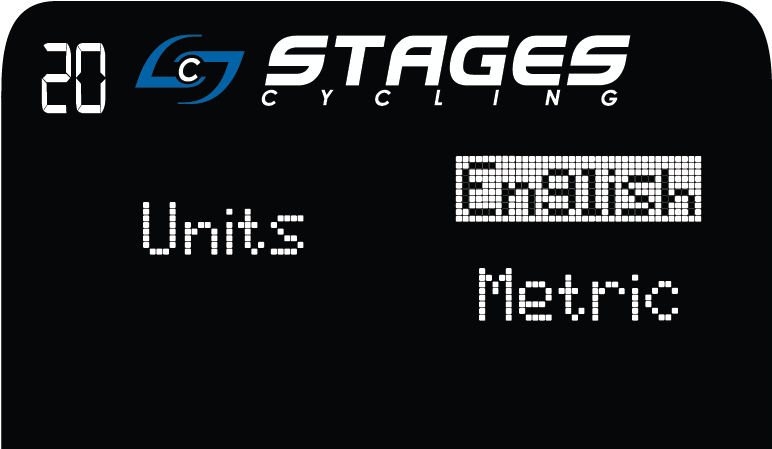 Console screen reads 'units' on the left, and 'english' and 'metric' on the right.