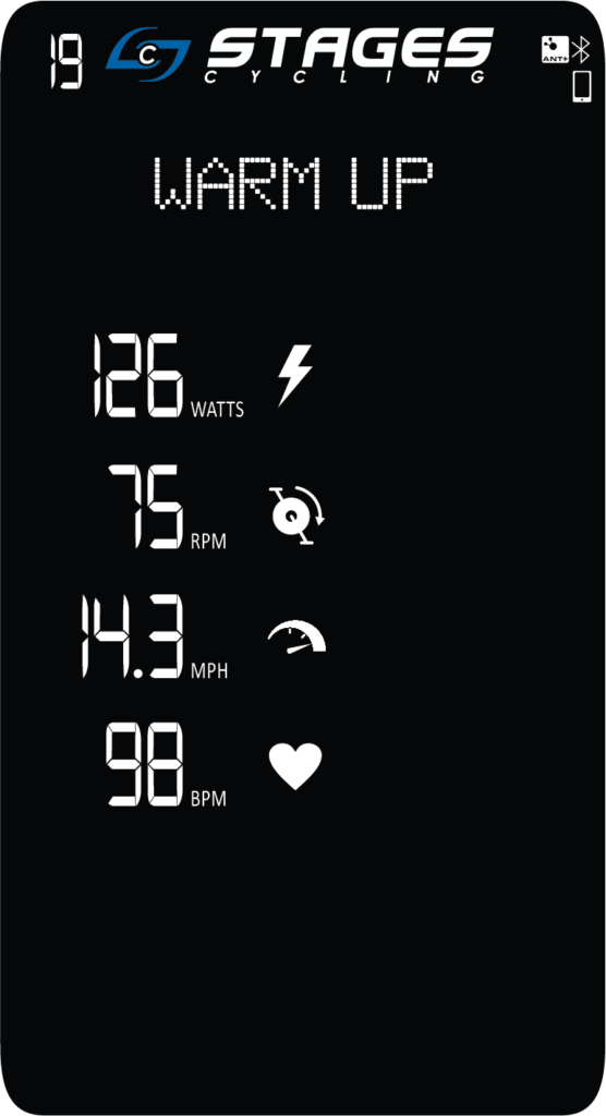 Der Aufwärm-Bildschirm mit der Anzeige von Leistung, Trittfrequenz, Geschwindigkeit und Herzfrequenz.