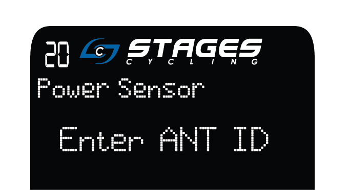 La ´pantalla de la consola muestra 'Sensor de potencia' en la parte superior e 'Introducir ID de ANT' abajo.