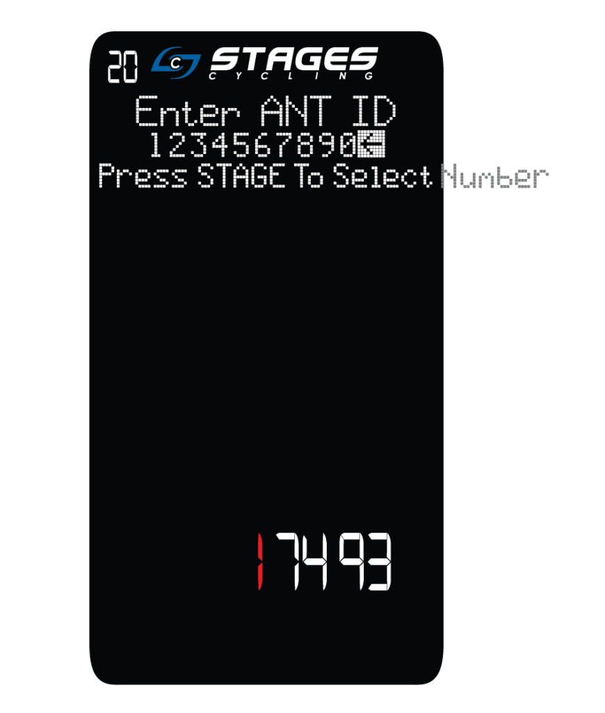 Écran « Enter ANT ID » avec les chiffres 0 à 9 et la flèche retour, avec « Press STAGE to select number » (appuyez sur STAGE pour sélectionner un chiffre) et ANT ID avec un chiffre sélectionné en rouge en bas à droite.