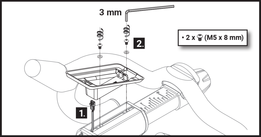 Eje del manillar con cable de alimentación (1) sobresaliendo hacia arriba hacia la base de la consola: arandelas, tornillos (2), llave allen y flechas en sentido horario en línea con los componentes.