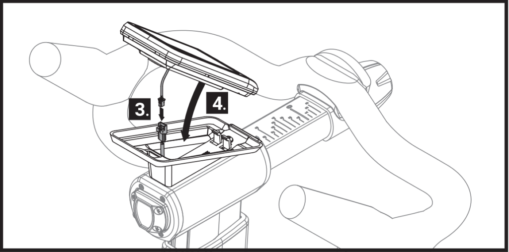 Console et son câble de raccordement au-dessus de l'embase et du câble d'alimetation (3) ; la flèche vers le bas (4) pointe vers l'embase de la console.