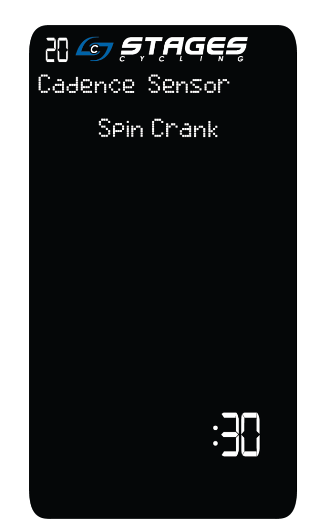 Écran de la console affichant « Cadence sensor » en haut à droite, « Spin crank » au centre et la valeur 30 du compte à rebours en bas à droite.