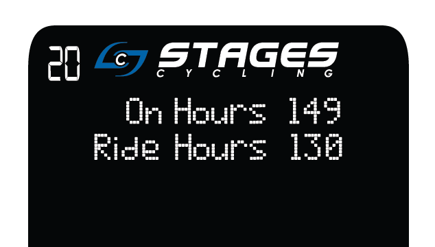 Écran de la console affichant « On hours (durée de fonctionnement), Ride hours (durée de parcours) » à gauche et les temps correspondants en regard à droite.
