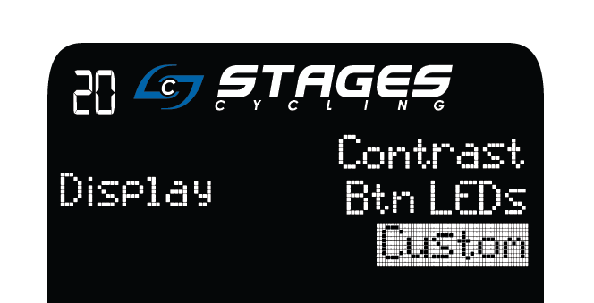 Écran de la console avec « Display » à gauche et les menus « Contrast, Btn LEDs et Custom » à droite.