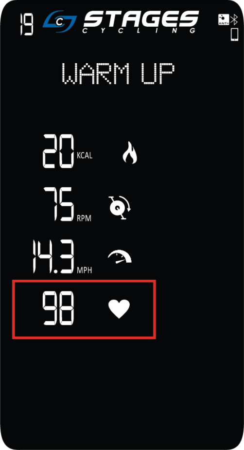 Warm up screen displays with heart rate metric highlighted
