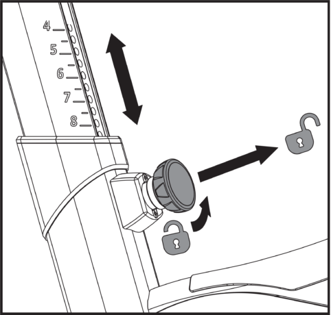 Adjustment knob moves counterclockwise, out to unlock knob and adjust the post.